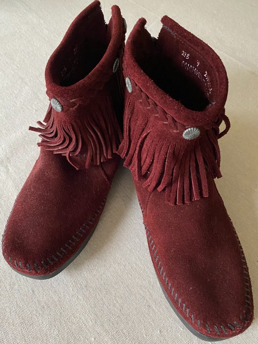 Minnetonka Burgundy Suede Fringe Moccasins
